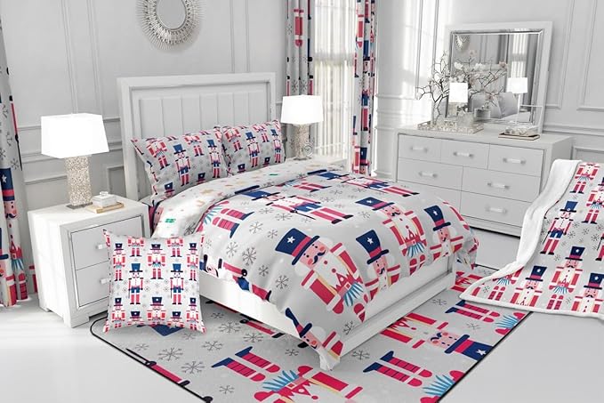 Feelyou Cute Nutcracker Comforter Set Twin Size Christmas Ornaments Bedding Set for Kids Boys Girls Xmas Snowflake Duvet Quilt Soldier Bedroom Decor Kawaii Microfiber 2 Pcs with 1 Pillow Cases