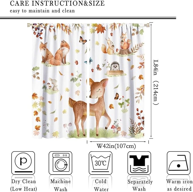 Fall Animails Curtains for Kids, Rustic Cute Woodland Wild Animal Window Treatments Watercolor Autumn Leaves Cartoon Fox Deer Window Drapes for Nursery Toddler Bedroom 84x84in