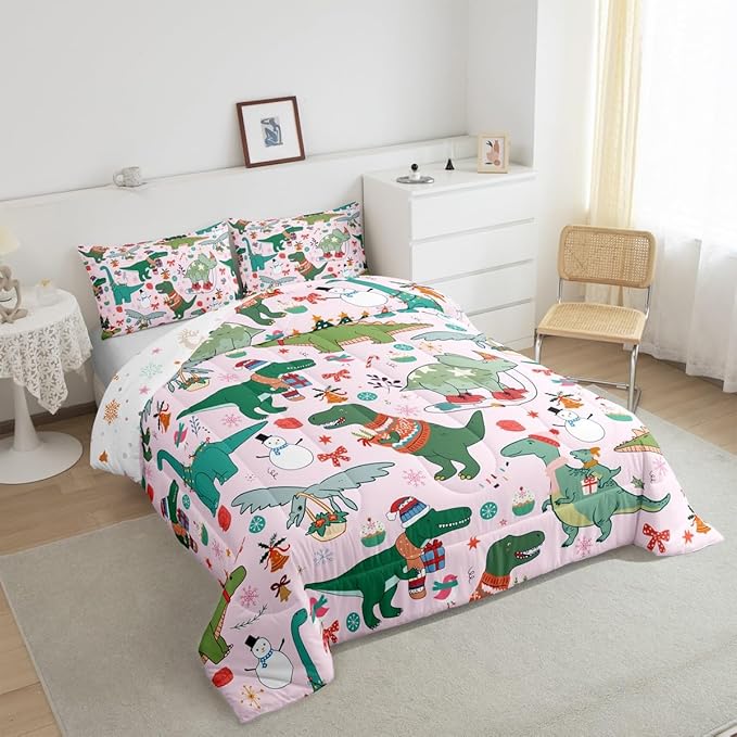 Feelyou Christmas Pink Comforter Set Toddler Size for Kids Boys Girls Cartoon Xmas Dinosaur Bedding Set Snowman New Year Decorations Bedroom Quilt Set