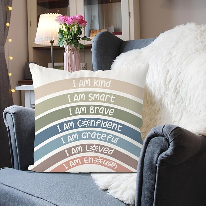 QIYUHOY Boho Rainbow Classroom Throw Pillow Covers, Book Center Calming Corner Playroom Decor Pillow Case, Reseda Pillow Cover, I Am Kind Smart Brave Confidence 20x20 Inch Pillowcase(reseda)