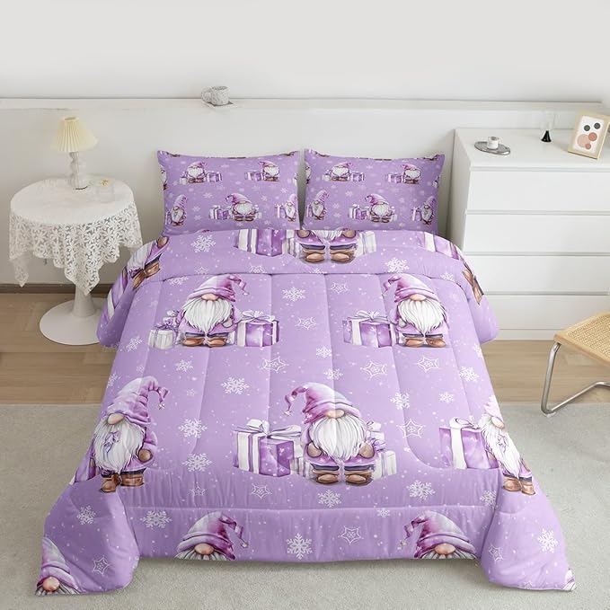 Feelyou Purple Christmas Kids Comforter Set Twin Size Scandinavian Christmas Santa Gnomes Bedding Set Xmas Snowflake Duvet Quilt for Kids Boys Girls Bedroom Decor Ultra Soft Breathable