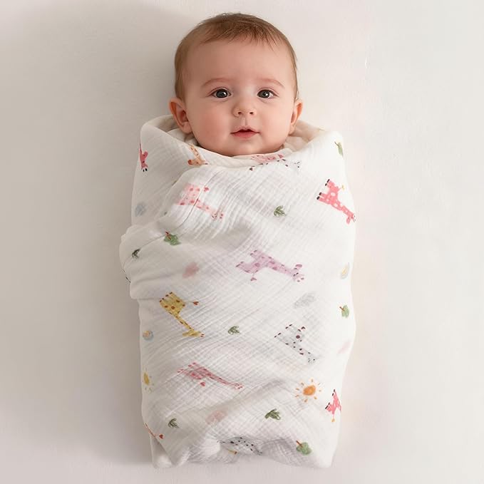 NTBAY 4 Layer Muslin Cotton Toddler Blanket, 30x40 Soft and Breathable Receiving for Newborns and Infants, Perfect for Crib, Stroller, Travel, Lightweight Nursery Blanket, Cartoon Giraffe