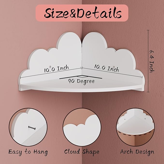 Cloud Floating Corner Shelves - Set of 3 Cloud Corner Wall Shelves for Kid’s Room, White Floating Shelf Nursery Wall Deor, Small Cute Clouds Dispaly Shelf for Toys, Plants & Storage.