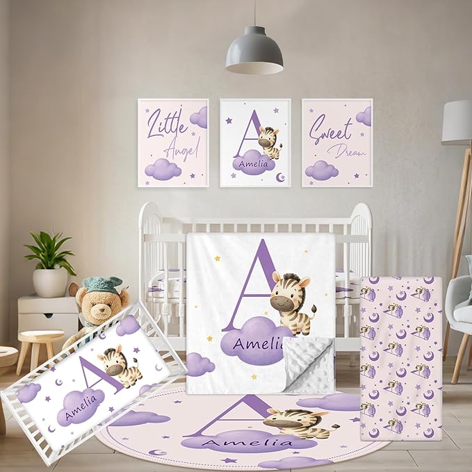Personalized Baby Crib Bedding Set, 5 Pcs Custom Name Nursery Bedding Set, Purple Zebra Baby Bedding Set for Boys Girls, Double Layer Crib Sets, Customized Gifts for Infant Toddler New Parents