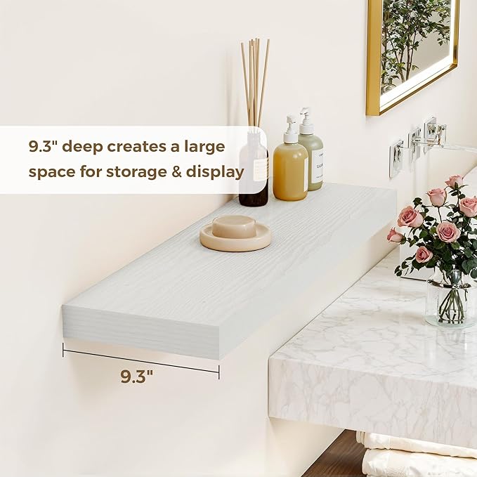 Dreamland 36 Inches Floating Shelves for Wall, 9.3" Deep Long Floating Shelves Set of 2, Large Display & Storage Shelf, Wall Shelf for Bathroom Bedroom Living Room Kitchen Office, White