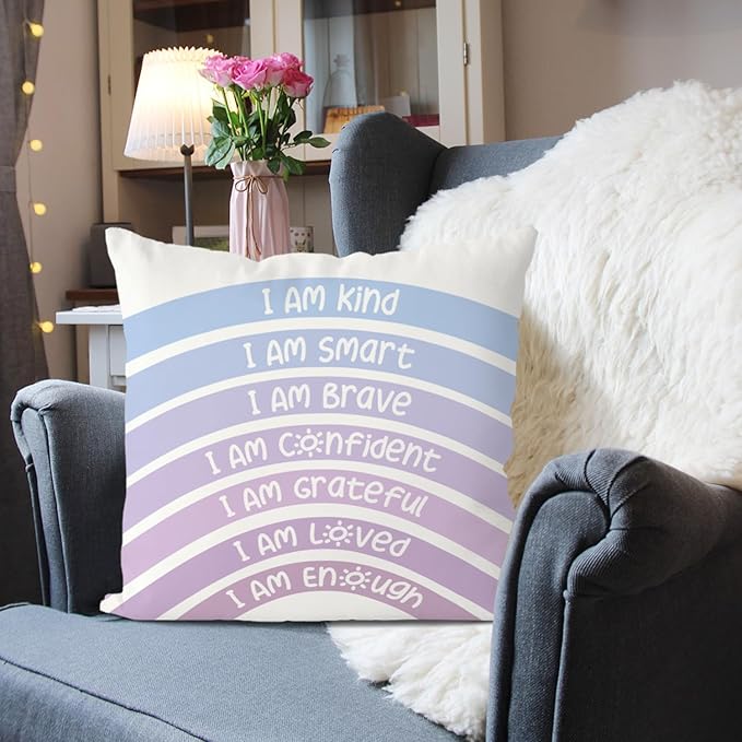 QIYUHOY Boho Rainbow Classroom Throw Pillow Covers, Book Center Calming Corner Playroom Decor Pillow Case, Purple Pillow Cover, I Am Kind Smart Brave Confidence 22x22 Inch Pillowcase(Royal Purple)