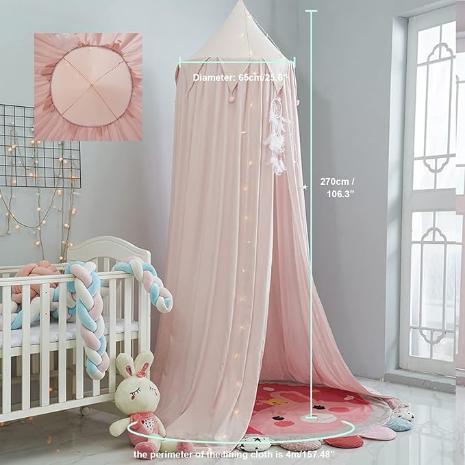 Bed Canopy for Girls, Round Dome Hanging Canopy for Baby Brib Kids Bed Room Decor Reading Nook Indoor Outdoor Playing Castle (Light Pink)