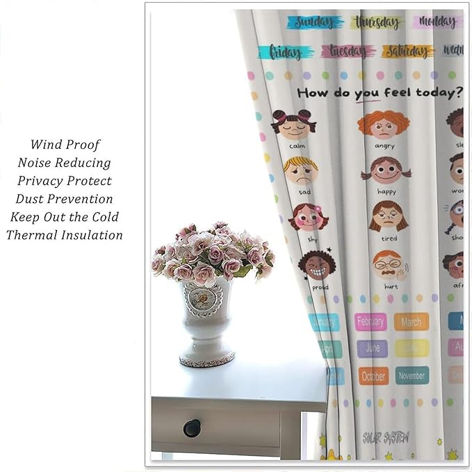 Kids Educational Alphabet Cartoon Curtain Solar System Shapes Cute Knowledge Printed Rod Pocket Window Drapes for Todders Nursery Baby Bedroom Living Room Decor 42" W X 45" L