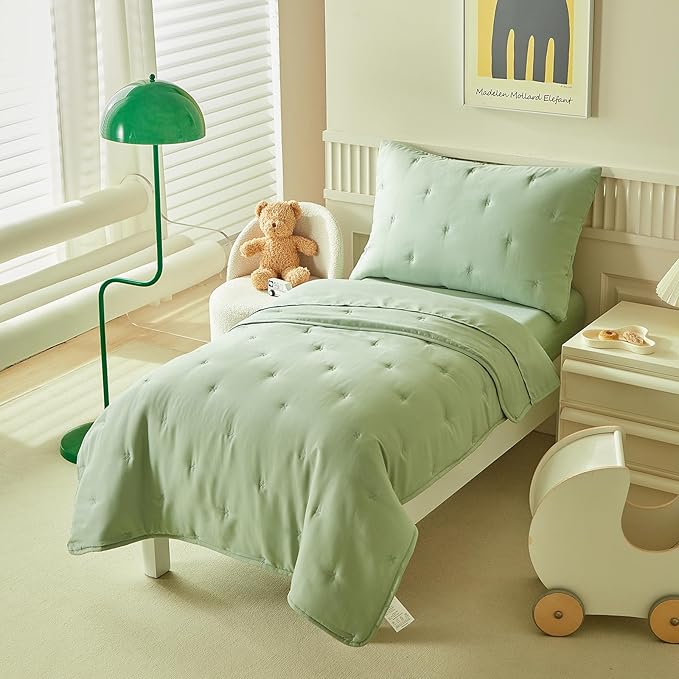 DuShow Green 4 Piece Toddler Bedding Set for Boys Girls,Embroidery Microfiber Crib Bed Sheets Set Soft Boho Comforter Set Bed in a Bag,Include Quilted Comforter,Flat Sheet,Fitted Sheet,Pillowcase