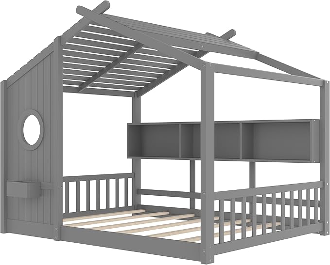 Merax Wood Floor House Bed with Storage Shelves, Full Size Low Day Bed with Headboard & Wood Slat Support, No Box Spring Needed, Gray
