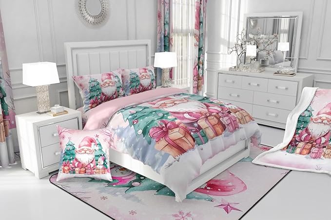 Feelyou Pink Christmas Comforter Set All Season Santa Claus Bedding Set with 2 Pillow Cases Cute Snowflake Kids Queen Bedclothes Merry Christmas Tree and Snowman Decor Duvet Quilt Soft
