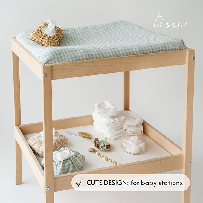 TISU Gingham Diaper Changing Pad Cover, 16 x 32 inches, Soft Muslin Cotton, Elastic Band, Check Pattern (Light Mint Gingham)