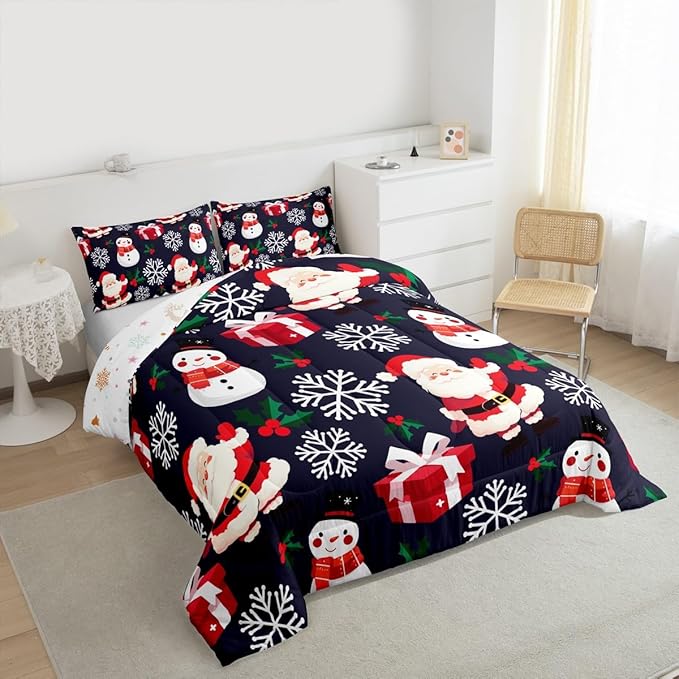 jejeloiu Merry Christmas Comforter Set Queen Size Xmas Santa Claus Bedding Set for Kids Boys Girls Cute Snowman Duvet Quilt Dark Blue Bedroom Decor