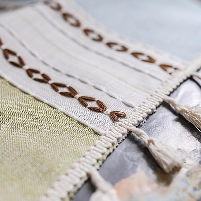 Deeprove Boho Linen Curtains 72 inch for Bedroom Living Room, Semi Blackout Country Rustic Tassels Window Treatment Bohemian Embroidery Drape Rod Pocket 1 Panel 52" W x 72" L, Blue and Sage Green