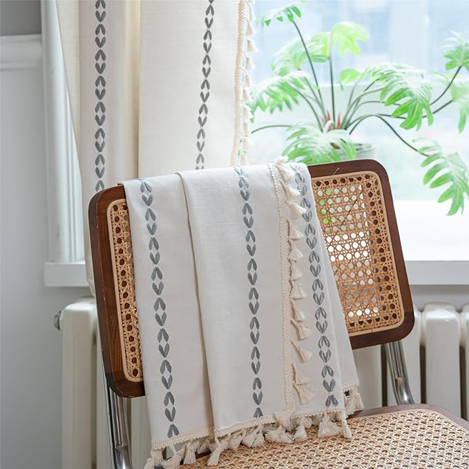 Deeprove Light Gray Boho Curtains 96 inches Long for Bedroom, Vintage Privacy Bohemian Embroidery Light Filter Cotton Linen Stripes French Country Tassel Window Treatments Decor, W52 x L96, 1 Panel