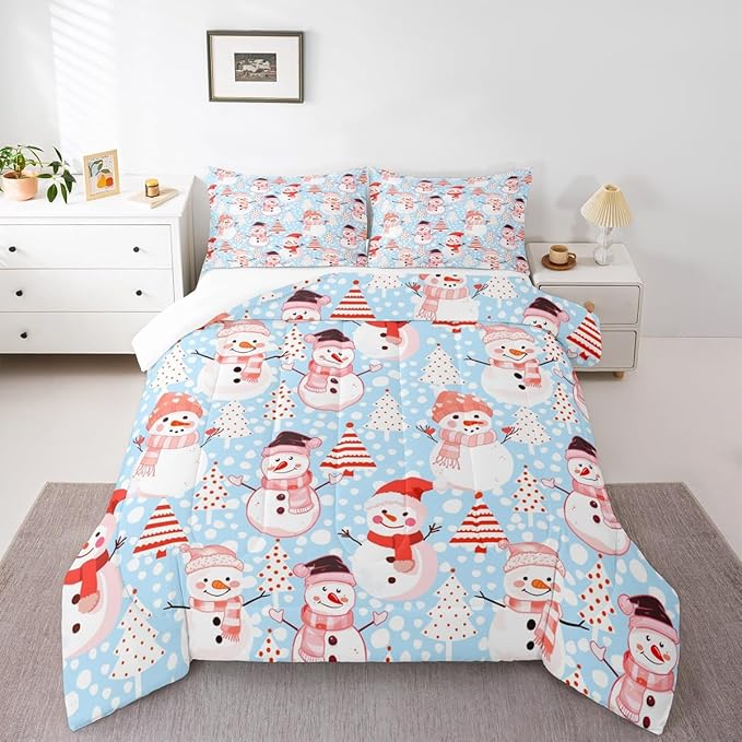Manfei Christmas Comforter Set Queen Size, Snowman and Xmas Trees Bedding Set 3pcs for Kids Girls Adults Bedroom Decor, New Year Blue Down Comforter Soft Polyester Quilt Set with 2 Pillowcases