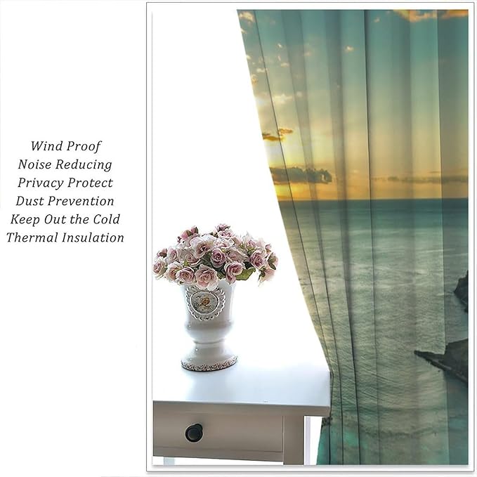 Ocean Beach Curtains,OceanMorning Sunrise Hawaiian Seaside Scene Pattern Blackout Print Home Bedroom Living Room Window Treatments 2 Panel Set 63x72 Inch
