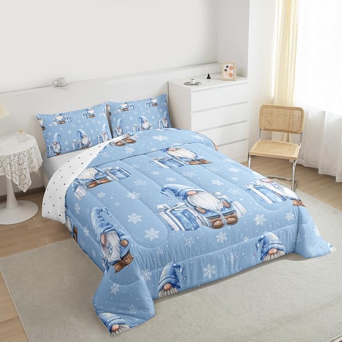 Feelyou Blue Christmas Comforter Set Twin Size Scandinavian Christmas Santa Gnomes Bedding Set for Kids Boys Girls Xmas Snowflake Duvet Quilt Bedroom Decor 2 Pcs with 1 Pillow Cases