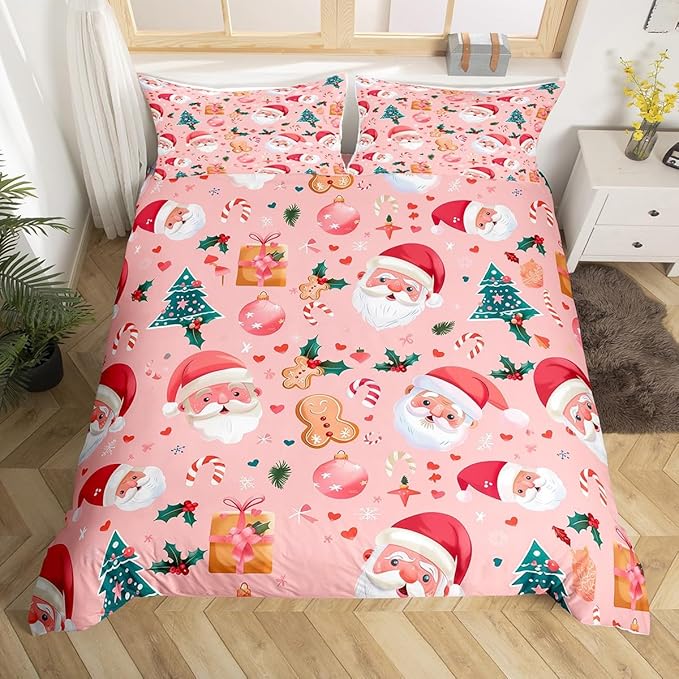 Feelyou Christmas Bedding Set Pink Christmas Duvet Cover Set for Kids Boys Girls Cookies Comforter Cover Christmas Tree Quilt Cover Bedroom Collection 3Pcs King Size,No Comforter