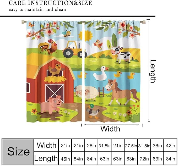 Farmhouse Curtains, Farm Scene Cartoon Animals Pattern Blackout Window Treatments, Rod Pocket Thermal Insulated Drapes 2 Panel Sets for Children Boys Bedroom Nursery Classroom, 84" W X 84" L