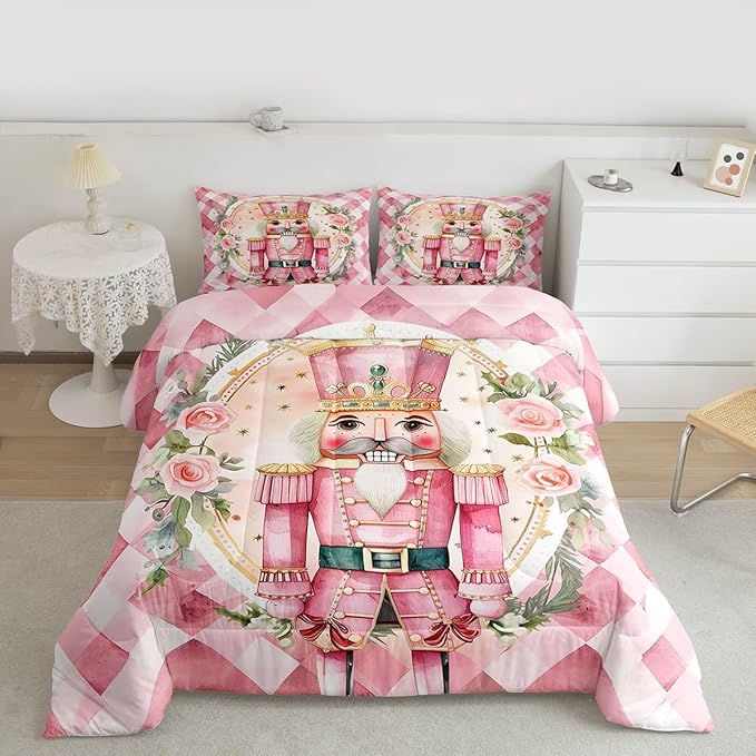 Feelyou Christmas Comforter Set All Season Pink Nutcrackers Bedding Set with 1 Pillow Cases Rose Kids Toddler Bedclothes Floral Bedroom Decor Funny Nutcracker Duvet Quilt Breathable Soft Lightweight