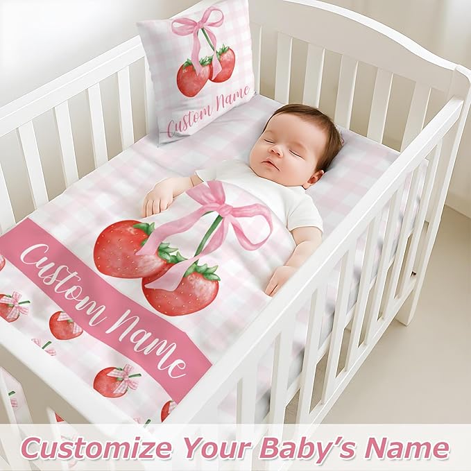 Personalized Baby Crib Bedding Set,3 Piece Custom Name Nursery Set with Blanket, Fitted Sheet & Pillowcase for Baby Girls & Boys, Strawberry Bow Theme(Fixed Size)