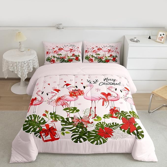 Merry Christmas Comforter Set Queen Size,Pink Flamingo Cartoon Bird Animal Bedding Set for Women Adult,Winter Snowflake Green Leaves Luxury Bed Duvet Insert, 2 Pillowcases