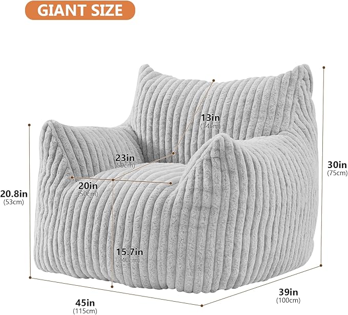 Giant Bean Bag Chairs for Adults with Filling Plush Fluffy Bean Bag Chairs for Teens with Armrests Comfy BeanBag Lazy Couch Sofa Chair for Bedroom Living Room Reading