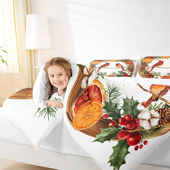 jejeloiu Kids Red Cardinal Comforter Set Full Size Christmas Theme Bedding Set for Boys Girls Teens Xmas Birds Animal Lemon Winter Wood Duvet Quilt Room Decor