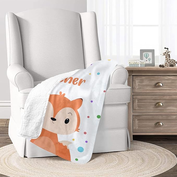 Cute Fox Personalized Receiving Sherpa Fleece Baby Blankets for Girls Boys Kids, Swaddle Blankets Gift for Newborn Crib Infants 30x40 Inches