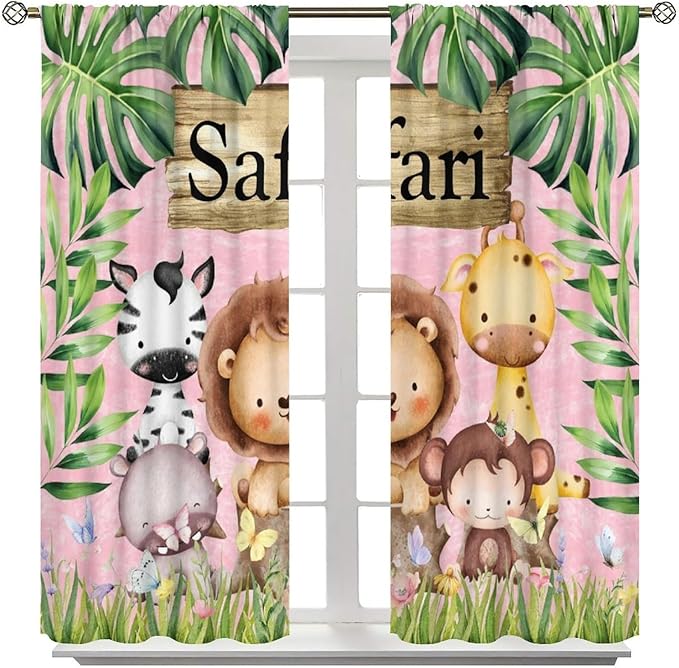 Kids Safari Animals Curtains, Cartoon Wildlife Tropical Leaf Pink Blackout Window Treatments, Rod Pocket Thermal Insulated Drapes 2 Panel Sets for Bedroom Nursery Classroom, 72" W X 63" L