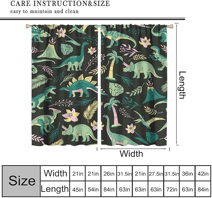 Dinosaurs Blackout Curtains Cartoon Cute Funny Dino Tropical Jungle Green Art Print for Kids Boys Bedroom Living Room Rod Pocket Decoration Window Drapes 2 Panels W36xL63in
