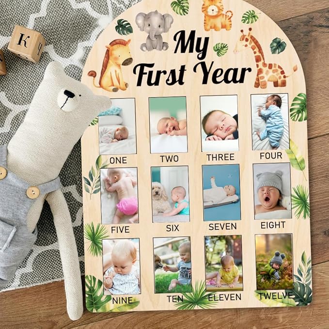 ORIGACH My First Year Baby Growth Photo Display Wood Board - 12 Months Newborn Milestones Picture Frame - Neutral Baby Keepsake Board 1st Birthday Party Nursery Decor New Mom Gift - Jungle Animals