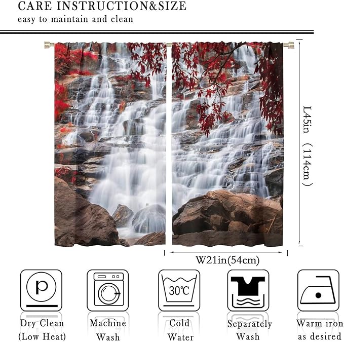 Waterfall Blackout Windows Curtains, Waterfall Red Forest Pattern Nature View Curtains, for Living Room Bedroom 42x45in 2 Panels