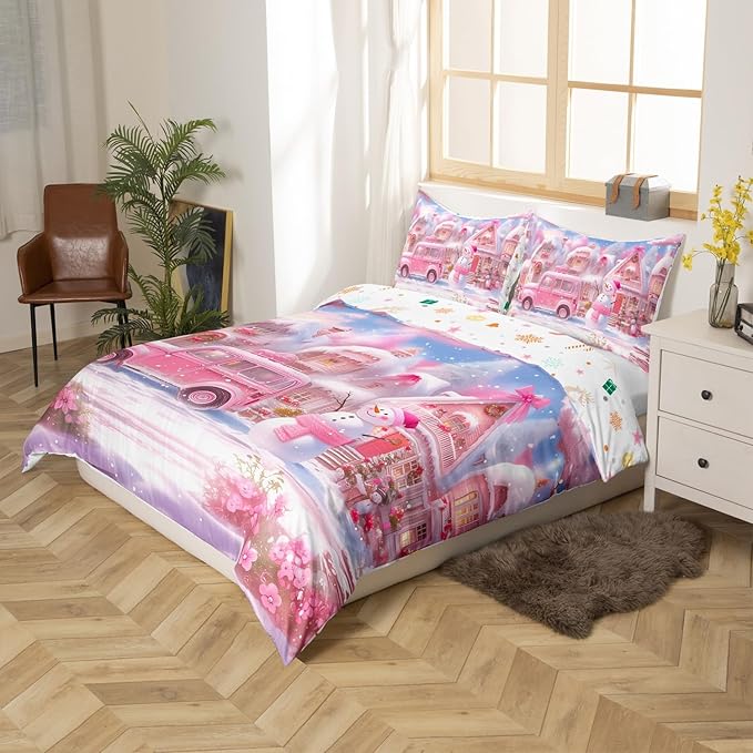 Manfei Christmas Duvet Cover Set Twin Size, Pink Truck Flower Snowman Bedding Set for Kids Girls Room Decor, New Year Theme Comforter Cover, Lightweight Bedspread Cover, 1 Pillowcase, No Comforter