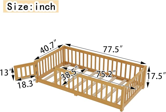 Bellemave Twin Size Floor Bed with Rails for Kids, Girls, Boys, Pine,Plywood Floor Bed with slats and Door, Natural