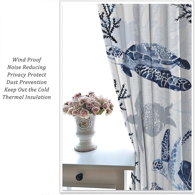 Coastal Nautical Curtains, Turtle Beach Sea Seashell Theme Pattern Blackout Print Home Bedroom Living Room Window Treatmen 2 Panel Set 72x63 Inch