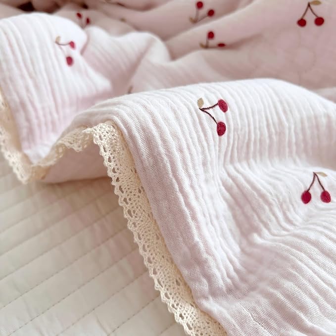 BuLuTu 1 Piece Baby Toddler Muslin Quilt Blanket 47x59 Inches, Crib Comforter Cute Cherry Print Quilted Blankets for Boys Girls Toddler Comforter, Soft Breathable, Machine Wash