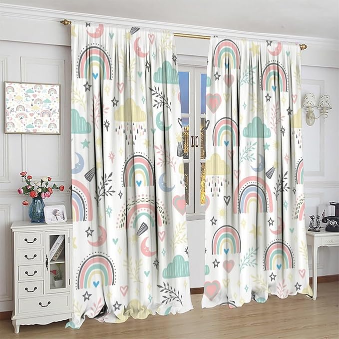 Boho Rainbow Curtains for Kids Nursery Colorful Floral Sun Star Clouds Pastel Bohemian Pattern Print Window Drapes for Girl Bedroom Living Room Kitchen Decor,2 Panel Set,42Wx45H Inch Blackout