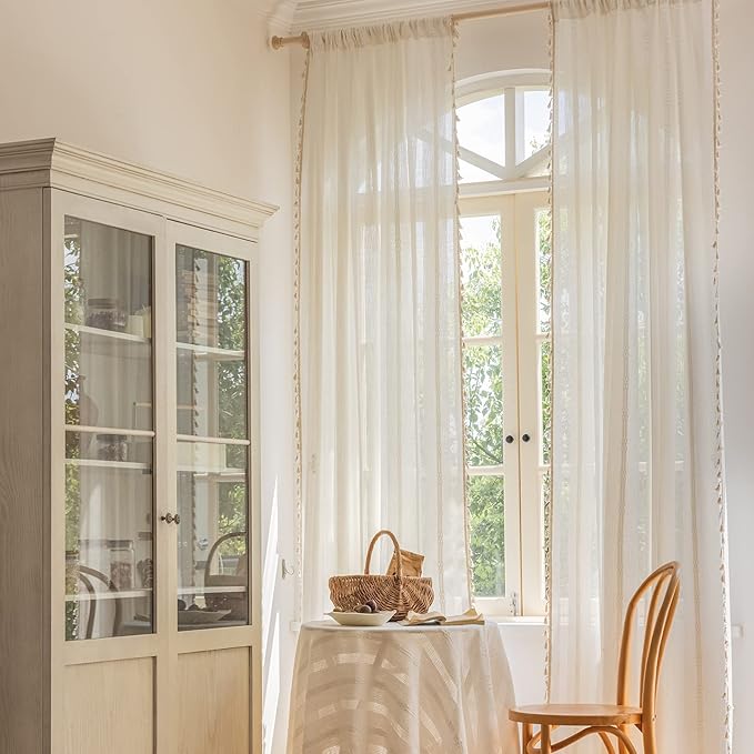 ENJOYBRIDAL Off White Curtains 63 Inch Length 2 Panels Boho Semi Sheer Drapes Cream Embroidered Tassel Rod Pocket Short Hollow Window Curtain Panels Farmhouse Window Treatment for Bedroom Living Room
