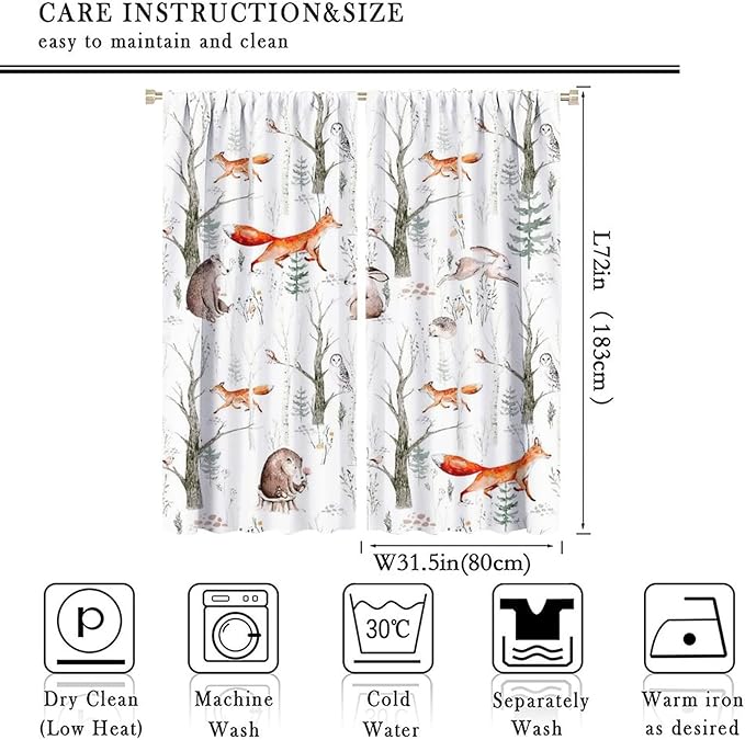 Rustic Forest Window Curtains, Watercolor Woodland Animals Owl Hedgehog Fox Butterfly Forest Squirrel and Bear Blackout Windows Door Curtain for Bedroom Living Room Home Decor 63x72in