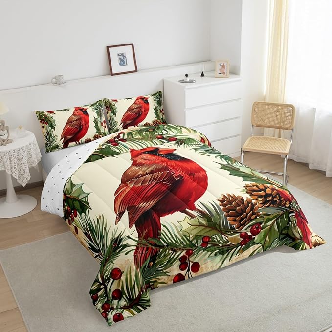 jejeloiu Kids Red Cardinal Comforter Set Toddler Christmas Tree Green Plants Bedding Set for Boys Girls Teens Xmas Birds Animal Winter Happy New Year Duvet Quilt Room Decor