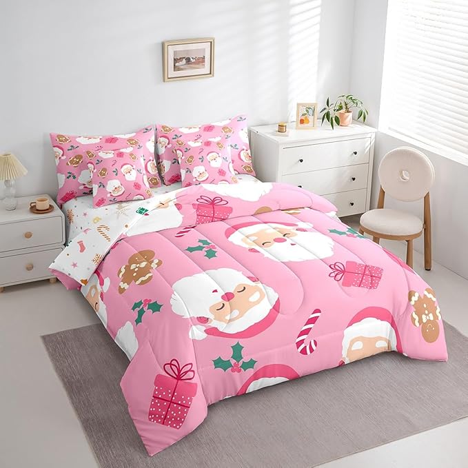 Christmas Gingerbread Man Kids Bedding Set Cartoon Christmas Santa Claus Comforter Set with Sheets for Boys Children Decor Pink Bed in a Bag New Year Bed Set 7Pcs Queen Size