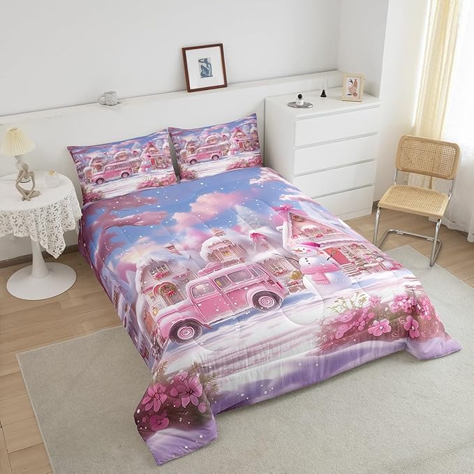 Manfei Christmas Comforter Set Twin Size, Pink Truck Flower Snowman Bedding Set for Kids Girls Room Decor, New Year Theme Down Comforter, Lightweight Duvet Insert, 1 Pillowcase