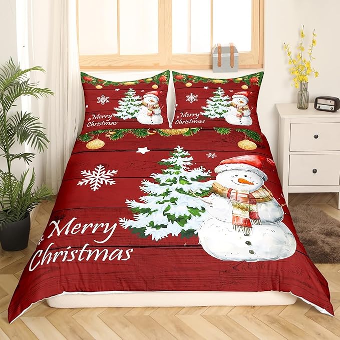 Manfei Christmas Duvet Cover Set Full Size, Cute Snowman Tree Print Comforter Cover with 2 Pillowcases, New Year Theme Rustic Style Xmas Bedding Set 3pcs for Kids Boys Girls Bedroom Decor,No Comforter
