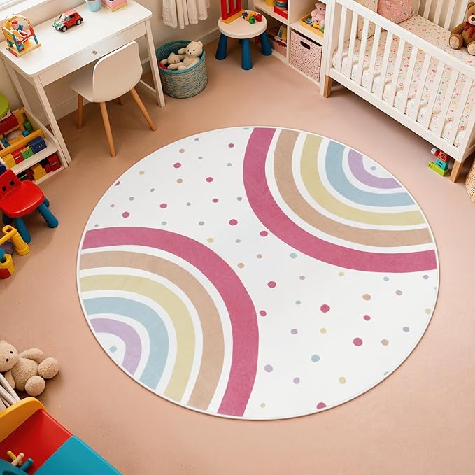 STARUIA Colorful Rainbow Rug for Nursery, 5 Ft Machine Washable Rug for Kids Room, Large Round Rugs for Girls Bedroom, Circle Kids Rugs Soft Polka dot Carpet for Classroom Playroom Tent