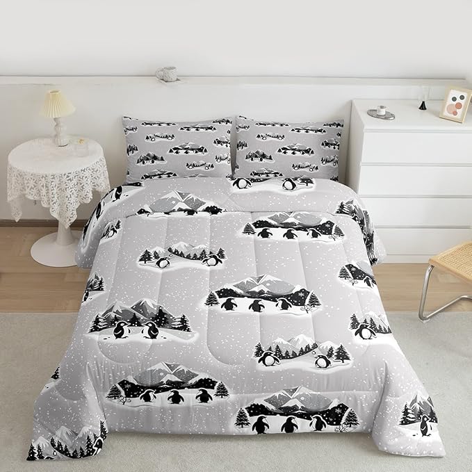 Feelyou Christmas Kids Comforter Set Queen Size Polar Penguin Bedding Set Snowflake Duvet Quilt for Kids Boys Girls Bedroom Winter Decor Microfiber Ultra Soft Breathable