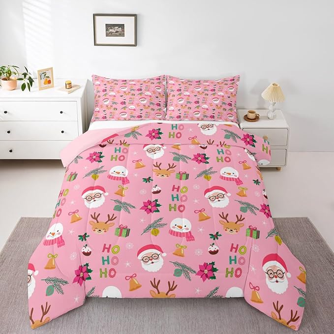 Feelyou Santa Claus Comforter Set King Size Xmas Bedding Set for Kids Boys Girls Christmas Decor Duvet Quilt Happy New Year Bedroom Decor Microfiber 3 Pcs with 2 Pillow Cases