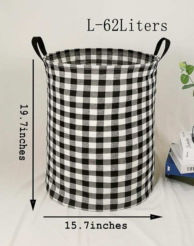 KUNRO Round Laundry Gift Basket Storage Hamper, Kids Toys and Clothes Storage Organizer Bins, Toy Shelf Basket with Handles for Room Decor (Black grid)