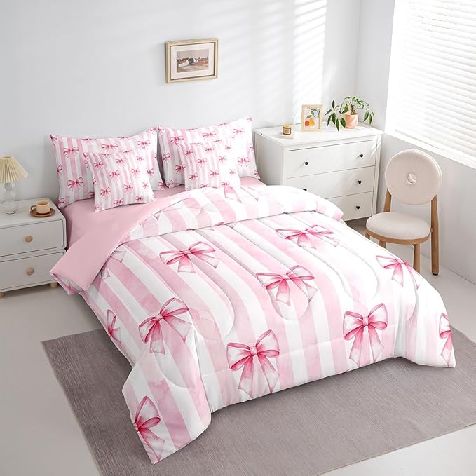7 Pieces Pink Bowknot Kids Comforter Twin,Bow Tie Geometric Stripe Bedding Set,Butterfly Knot Princess Style Fashion Pink Romantic（Comforter+Fitted+Flat Sheet+2 Pillowcases+2 Throw Pillow Covers）